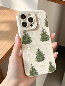 1pc Sweet Girl Style Christmas Theme Phone Case, Light White Background, Green Christmas Tree Pattern, White Ribbon Print Design, Soft TPU Material, Lightweight Protective Phone Case, Suitable For IPhone18 18Pro 18Promax 17 17Pro 17Promax 16 16Promax 15 14 13 12 11 And Other Models, Suitable For Daily Use And Christmas Party Occasions - Beige - View 3