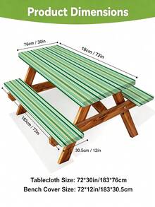 3 Pieces Picnic Tablecloth Set With Bench Cover, Elastic Edge Design, Striped Pattern, Washable Rectangular Tablecloth, Suitable For Weddings, Camping, Picnics, Garden Parties And More, Practical Essential - C - View 3