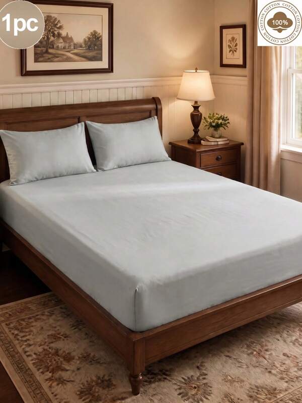 1PC Plain 100% Cotton Light Grey Fitted Sheet, Mattress Cover, Soft & Breathable. Fits Single, Double, Queen & King Size Beds. Deep Pocket Up To 11.8 Inches. Ideal For Home Dorm Bedding Back School