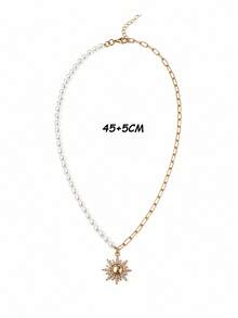 Hegaze 1pc Patchwork Faux Pearl Chain Rhinestone Sun Pendant Necklace, French Vintage Women's Vacation Style Collarbone Chain - Yellow Gold - View 6
