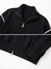 Wixra Women's Half-Zip High Neck Knit Cardigan, Black Contrast Stripes, Drop Shoulder Long Sleeve Sweater Jacket - Black - View 7