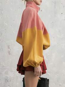 New Fashion Elegant Colorblock Front Short Back Long Zipper Long Sleeve Jacket, Suitable For College, Daily, Travel, Airport Outfits, All Seasons - Pale Yellow - View 8