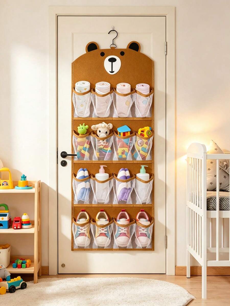 1pc Door Hanging Shoe Organizer Brown Bear Pattern Multi-Pocket 16-Slot Felt Mesh Door-Mounted Shoe Rack Sturdy Closet Storage Space-Saving Shoe Storage Rack Suitable For Apartment Dorm Room Organization Holiday Season Gift - View 1