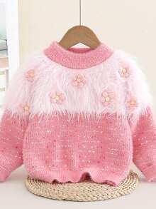 Girls Children's Soft Thick Knit Sweater, Regular Round Neck Casual Everyday Pullover, Autumn Winter Cold Weather, 4Y-7Y - Pink - View 1