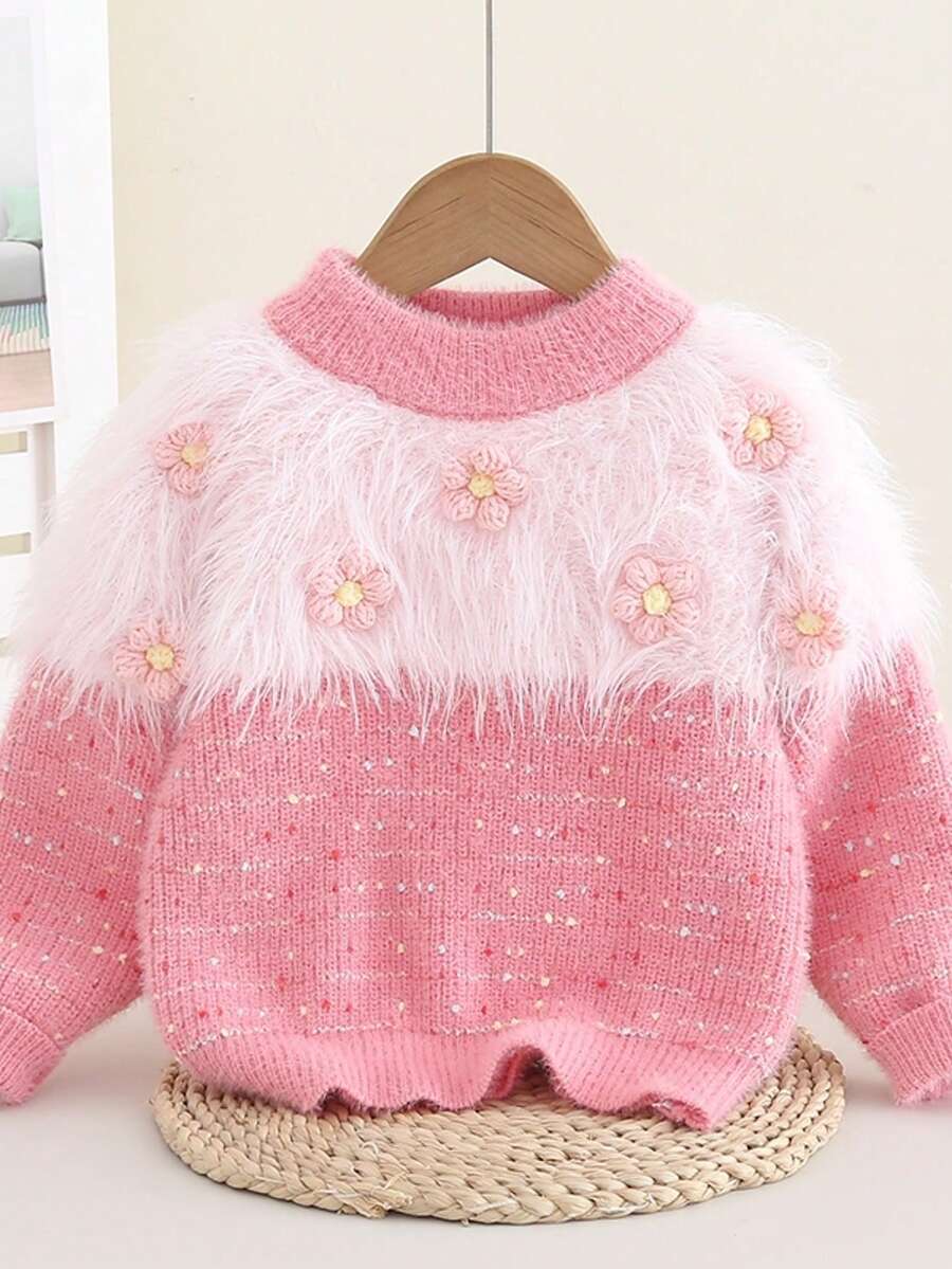 Girls Children's Soft Thick Knit Sweater, Regular Round Neck Casual Everyday Pullover, Autumn Winter Cold Weather, 4Y-7Y - Pink - View 1