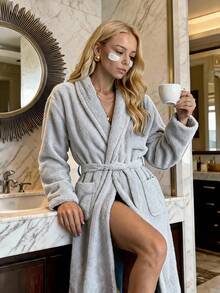 Bathrobe Soft Touch Contain Cotton Bathrobe For Women & Men - Made In Turkey, Lightweight, Absorbent, Comfortable Bath Robe - Grey - View 3