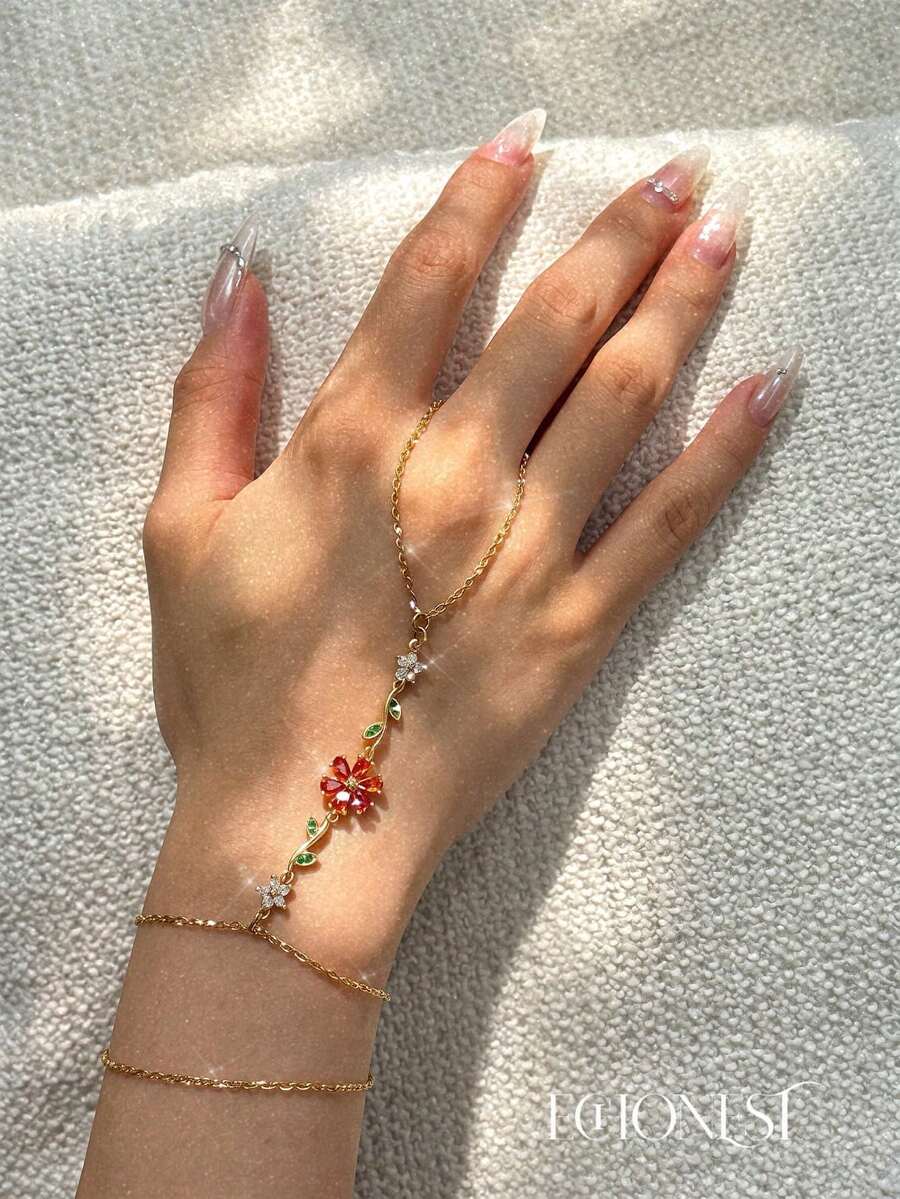 EchoNest 1pc Golden Stainless Steel Red Flower Linked Finger Bracelet With Zirconia, Vacation Party Finger Chain Decorative Accessory - Yellow Gold - View 1