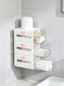 Wall-Mounted Visible Dust-Proof Storage Box With Heart Pattern Decoration, Cotton Swab & Accessory Organizer, Left-Right Pull-Out Small Item Storage Box, Wall-Mounted Makeup Organizer, No-Drill Plastic Storage Rack, Pull-Out Shelf For Bathroom And Dorm, Adhesive/Screw Installation, Space-Saving Lightweight Rack For Cosmetics, Headbands, Powder (No Tools Required) - Multicolor - View 2