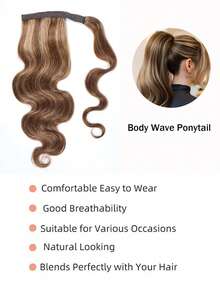 Long Body Wave Ponytail Human Hair Extension Clip In Curly Pony Tail Highlight Wrap Around Hairpieces For Women #4/27 Color For Halloween Party - S4/27 - View 4