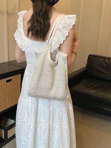 Shiny Sequin Embellished Transparent Mesh Wrap Large Capacity Open-Top Lightweight Soft Versatile Ins French Chic Shoulder Bag For Work Shopping And Dating - Beige - View 8