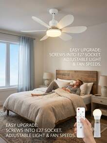 Ventilador con luz 2‑en‑1 base universal E27 B22 con mando a distancia ajuste CCT luz regulable temporizador velocidades ajustables estructura ABS metálica lámpara ventiladora minimalista para habitación sala de estar casa interior - Blanco - Ver 4
