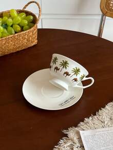 1pc Palm Tree Camel Ceramic Coffee Cup And Saucer, Suitable For Daily Home Use, Kitchen, Restaurant, Cafe, Office; Perfect For Espresso And Arabic Coffee. Saudi Style Coffee Cup, Ideal For Afternoon Tea, Cafe And Kitchen - Perfect Gift. - Multicolor - View 3
