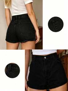 Celana Pendek Jeans Kasual Pinggang Tinggi Denim Abu-abu Gaya Amerika Retro untuk Remaja & Gadis Remaja - Hitam - View 3