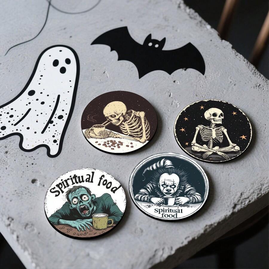 Cross-Border Halloween Skeleton Themed Wooden Vintage Coffee Cup Coaster Heat-Resistant Anti-Scald Tea Cup - Multicolor - View 1
