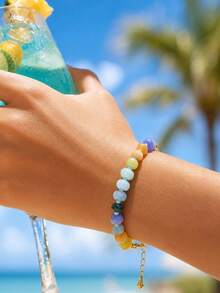 1 pieza Pulsera de mujer de verano con cuentas de piedra multicolor, accesorios de cobre chapados en oro de 18K, joyería casual diaria para parejas - Multicolor - Ver 3
