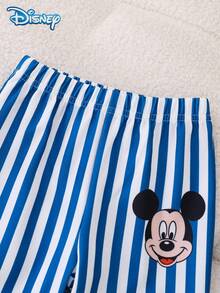 Disney 2pcs/Set Autumn Mickey Mouse Print Long Sleeve Ribbed Sweatshirt And Elastic Waist Blue & White Striped Sweatpants Outfit, Cartoon Pattern, Slight Stretch, Suitable For Baby Toddler Newborn Daily Wear, Spring Gift - Blue - View 5