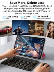 Relndoo 10-Inch Android 16 Tablet, 2-In-1 Tablet, 26GB RAM (6GB + 20GB) + 128GB Storage/RK3562 Quad-Core 2.0 GHz/2MP + 8MP Dual Camera/1280x800 IPS Touchscreen/Wi-Fi 6/6000mAh Battery/With Keyboard/Mouse/Stylus/Protective Case Tablet, Certified Tablet (Adapter Not Included) - Pink - View 2