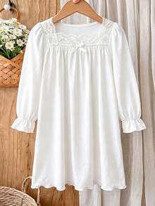 Spring/Autumn Girls' White Long Sleeve Lace Vintage Style Nightgown, Skin-Friendly Breathable Princess Style Home Casual Dress - White - View 3