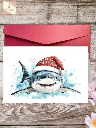 1pc Funny Christmas Shark Greeting Card, Watercolor Funny Shark Wearing Santa Hat Xmas Holiday Note Card, Cute Animal Design, Paper Card Matching Envelope, Novelty Christmas Gift For Friends And Family