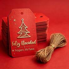 Red Background Gold Letter Spanish Christmas Tags, With Jute Rope, 2D Flat Card Latin American Christmas Greeting Gift Tags, Gift Box Packaging Decoration Tags - Multicolor - View 5