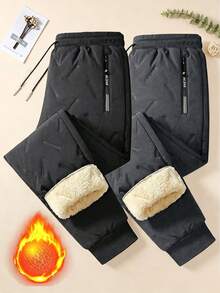 1 Pair Fleece Lined Drawstring Waist Straight Leg Pants With Zipper Pockets, Cuffed Hem, Winter Warm Casual Long Pants, Suitable For Running, Outdoor, Gym - Black - View 5