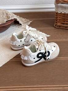 1 Pair Red Bow Decor Girls' Sports Shoes, Lace Trim Children's Training Shoes, Suitable For Christmas - Beige - View 6