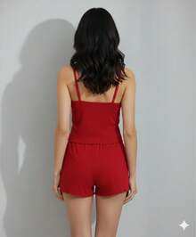 Baby Doll Canelado  Rendado Conforto Estilo Noites Suaves Pijama Fresquinho - vermelho rubi - Visão 3