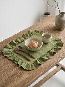 1pc Olive Green Solid Color Ruffle Trim Placemat, Natural Rustic Style Fabric Material Square Shape With Ruffle Trim Detail, Stain-Resistant Tabletop Protection And Decorative Function, Suitable For Daily Home And Natural Dining Table Setting - Green - View 6