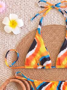 Spring/Summer New Colorful Printed Bikini Set, Halter Tie Design, Beach Vacation, Date, Party - Multicolor - View 4