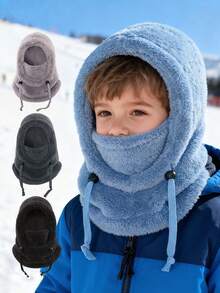 1pc Kids Plush Balaclava Hat, Adjustable Drawstring, Multiple Soft Colors Available, Winter Outdoor Warmth, Suitable For Skiing, School And Snow Play - Multicolor - View 2