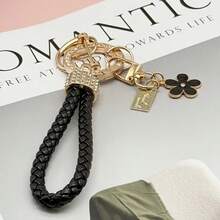 Elegant Woven Rope Keychain With Crystal-Studded Key Ring And Flower Charm, Made Of Alloy And Resin, Perfect Valentine's Day Gift For Women - B - View 1