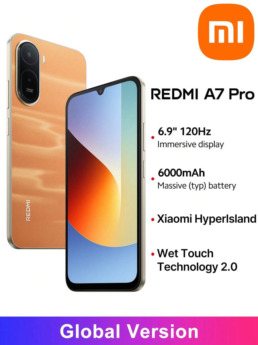 Redmi A7 Pro Smartphone Global Version, Xiaomi HyperIsland,Immersive 6.9" Display 120Hz High Refresh Rate, Powerful Octa-Core Processor ,Massive 6000mAh (Typ) Battery Powerful Octa-Core Processor, Wet Touch Technology 2.0 ,Google Gemini,Sleek And Refined Design - Orange - View 1