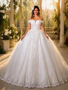 Vestido de novia elegante estilo princesa hecho a mano con apliques de cuentas, hombros descubiertos (enagua no incluida) otoño - Beis - Ver 1