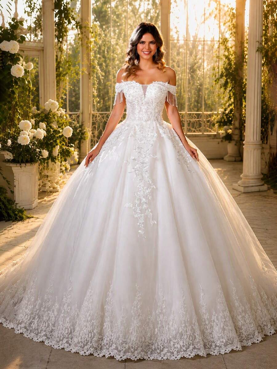 Vestido de novia elegante estilo princesa hecho a mano con apliques de cuentas, hombros descubiertos (enagua no incluida) otoño - Beis - Ver 1
