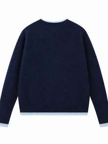 1pc Letter Contrast Color Knit Cardigan With Contrast Trim Front Button Closure, College Back To School Party, Autumn/Winter - Royal Blue - View 5