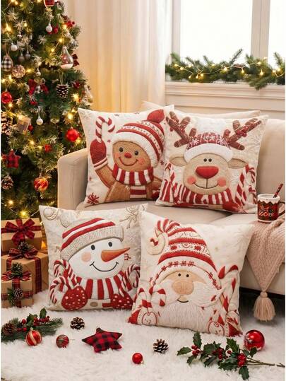 4 piezas Fundas de almohada navideñas, Patrón de Gnomo & Hombre de Jengibre & Muñeco de Nieve & Reno, Fundas de almohada decorativas de terciopelo piel de durazno 45*45cm, Fundas de cojín, Decoración navideña Feliz Navidad, Decoración del hogar, Decoración de la habitación (Inserto de almohada no incluido)
