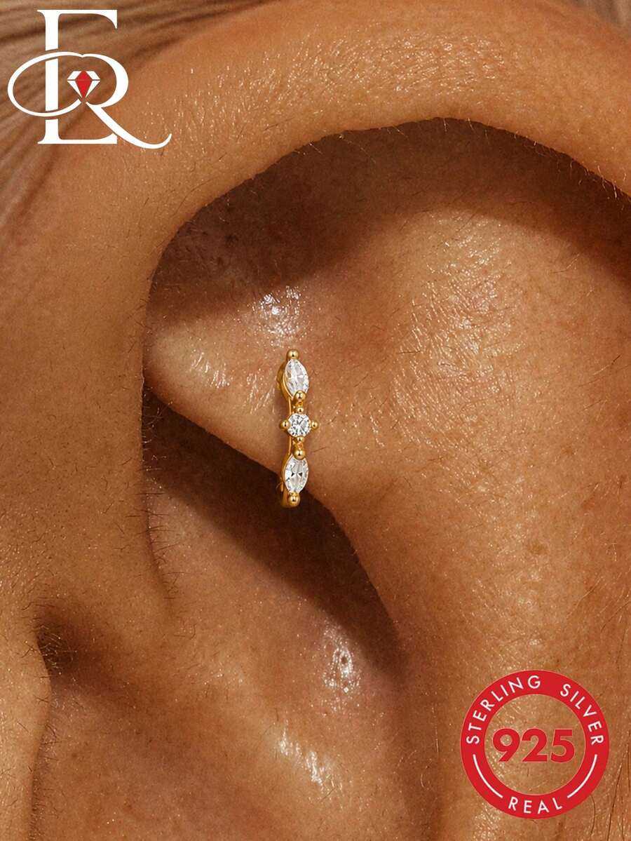 EleRunis 1件 925純銀經典立方鋯石 Rook Conch 耳環 18K鍍金上耳軟骨螺旋耳釘 女款日常穿戴派對用