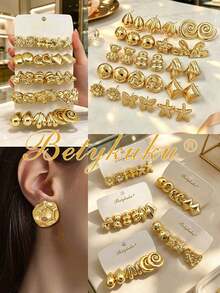 Betykuku 6/9/12/15 Pairs Gold European & American Fashion Stud Earrings Set For Women & Girls, Daily Casual Party Jewelry Gift - Gold Earring Set - View 8
