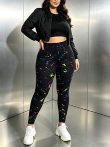 Women's Plus Size Black Leggings, Elastic Slim Fit Pants, Colorful Splatter Print, Butt Lifting & Tummy Control, Autumn/Winter Vacation Style - Multicolor - View 7
