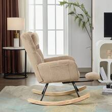 Flieks Rocking Chair With Adjustable Footrest, Headrest, Fabric Rocking Chair With Wooden Legs,Comfortable Lounge Armchair With Side Pockets And High Backrest, Brown, Reading Chair For Nursery, Living Room - Natural - View 5