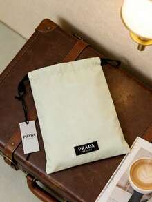 Prada Beauty Light Beige Canvas Drawstring Pouch, Soft Fabric Large Capacity Travel Skincare Cosmetic Storage Bag Multi-Purpose Portable Makeup Organizer Ladies Daily Beauty Gift PRADA-GIFT-36 - Two-tone Mint Green and Black - View 4