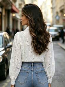 Women's Floral Embroidered Semi-Sheer Blouse With A Collar, Long-Sleeve Front-Button Polyester Shirt, Suitable For Spring And Autumn Outfits. - White - View 4