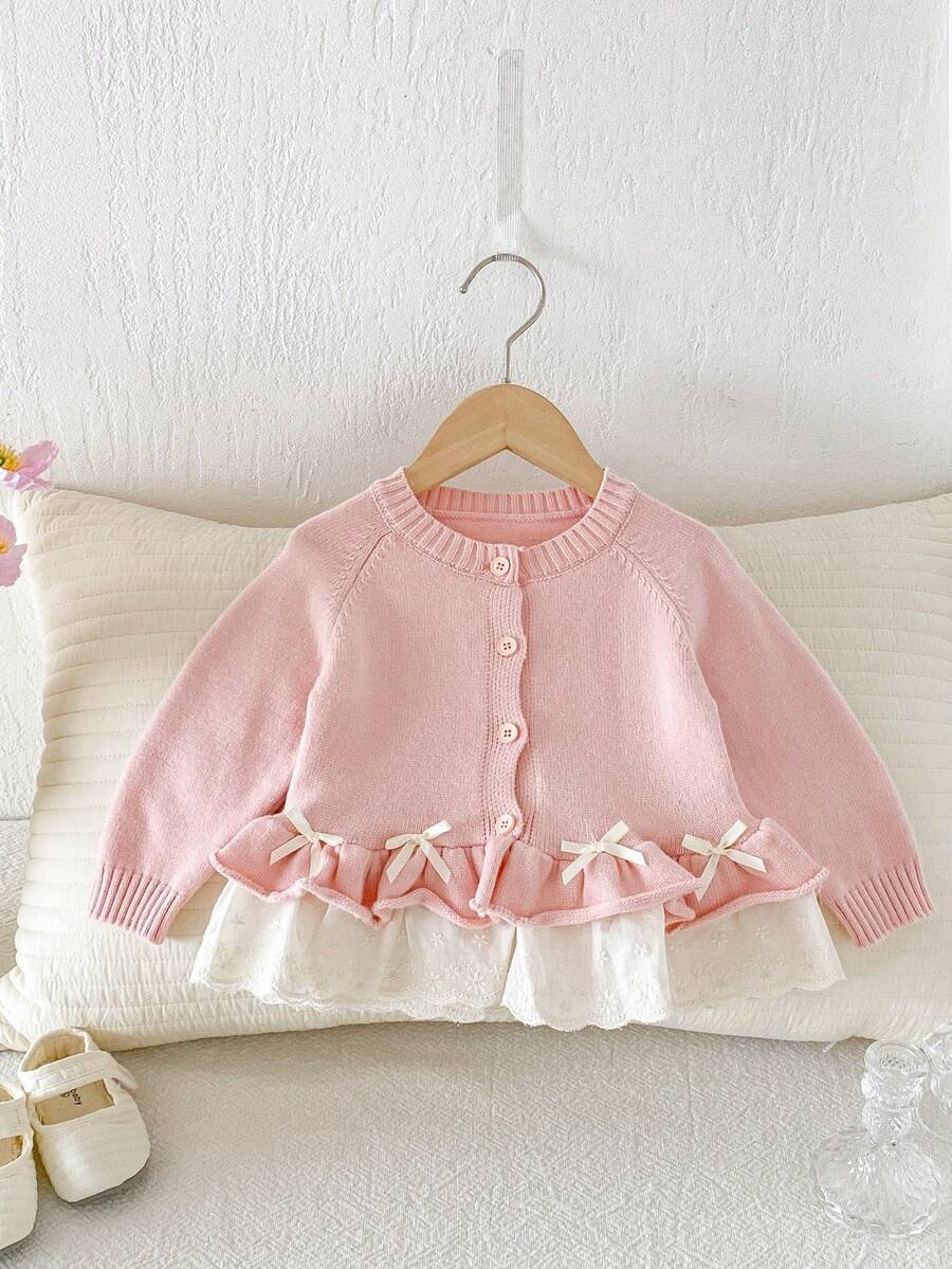 Girls' Soft Knit Cardigan, Light Pink Patchwork Ruffle Lace Round Neck Versatile Long Sleeve Outerwear Top - Pink - View 1