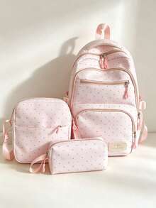 College Style Multi Layered Gentle Wave Point Backpack Three Pieces Set, Relaxed And Simple Versatile Fashionable Backpack Set, Suitable For Campus - Multicolor - View 12