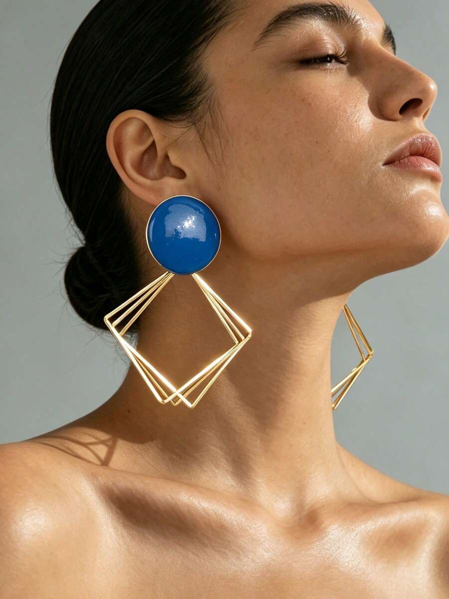 1 paire de boucles d'oreilles pendantes longues personnalisées minimalistes en émail bleu rond avec losange métallique creux géométrique multicouche, convient pour le port quotidien des femmes, petit cadeau pour les amies - Bleu azur - Voir 1