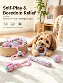 1/2/3/4/5/6/7pcs Pet Dog Cotton Rope Toy Set, Durable Chewing & Teething Rope Toys For Medium & Puppy Dogs, Teeth Cleaning Interactive Tug Rope Toys, Pet Chew Toys - Multicolor - View 4