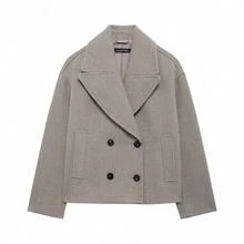DEEKA Mantel Pendek Wol Kancing Ganda Musim Gugur/Dingin Wanita, Jaket Minimalis Campuran Wol Premium - Grey - View 3