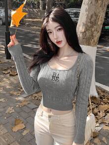 2026 Autumn/Winter Women's Black Ribbed Top, Casual Sweet "BABE" Embroidered Wide Strap Fitted Long Sleeveless Shirt, Suitable For Spring Daily Wear, Dating And Shopping - Gray - View 2