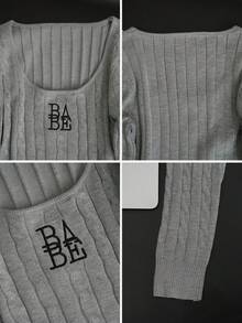 2026 Autumn/Winter Women's Black Ribbed Top, Casual Sweet "BABE" Embroidered Wide Strap Fitted Long Sleeveless Shirt, Suitable For Spring Daily Wear, Dating And Shopping - Gray - View 10