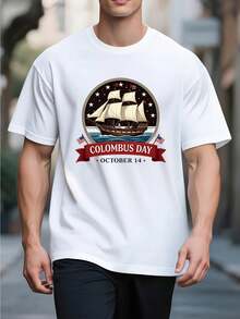 Men's Columbus Graphic Print T-Shirt With Vintage Ship Design, Machine Washable Summer Casual Top - 白色 - 查看 1